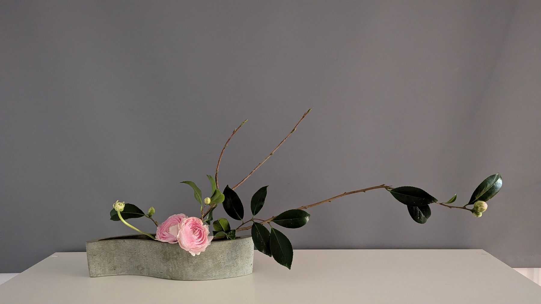 Minimal ikebana arrangement with a pink flower